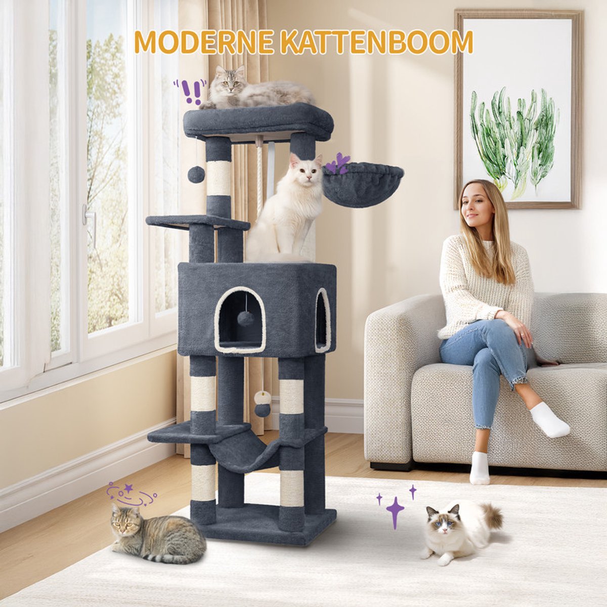 Hzuaneri 149 cm krabpaal, kattenboom met grote platforms, krabpaal voor katten met grote schuilplaats voor kleine ruimtes, sisal naturel, Pompons, Donkergrijs