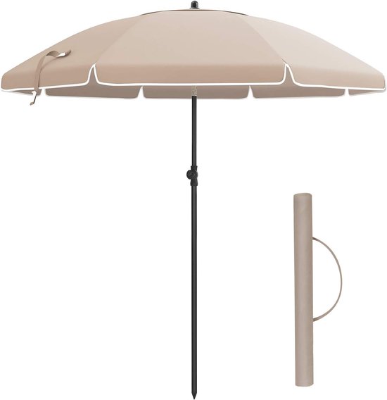 Beige parasol met witte rand en bijpassende opbergkoker.