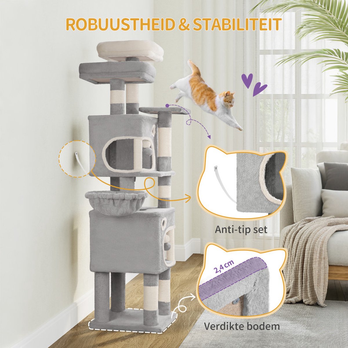 Hzuaneri Kat Krabpaal, 159 cm Hoge Kattenboom, met 7 Laag Multi Functie Speelplaats voor Katten, Dubbele Holtes, en Drie Uitzicht Platforms, Geschikt voor Meerdere Katten, Lichtgrijs