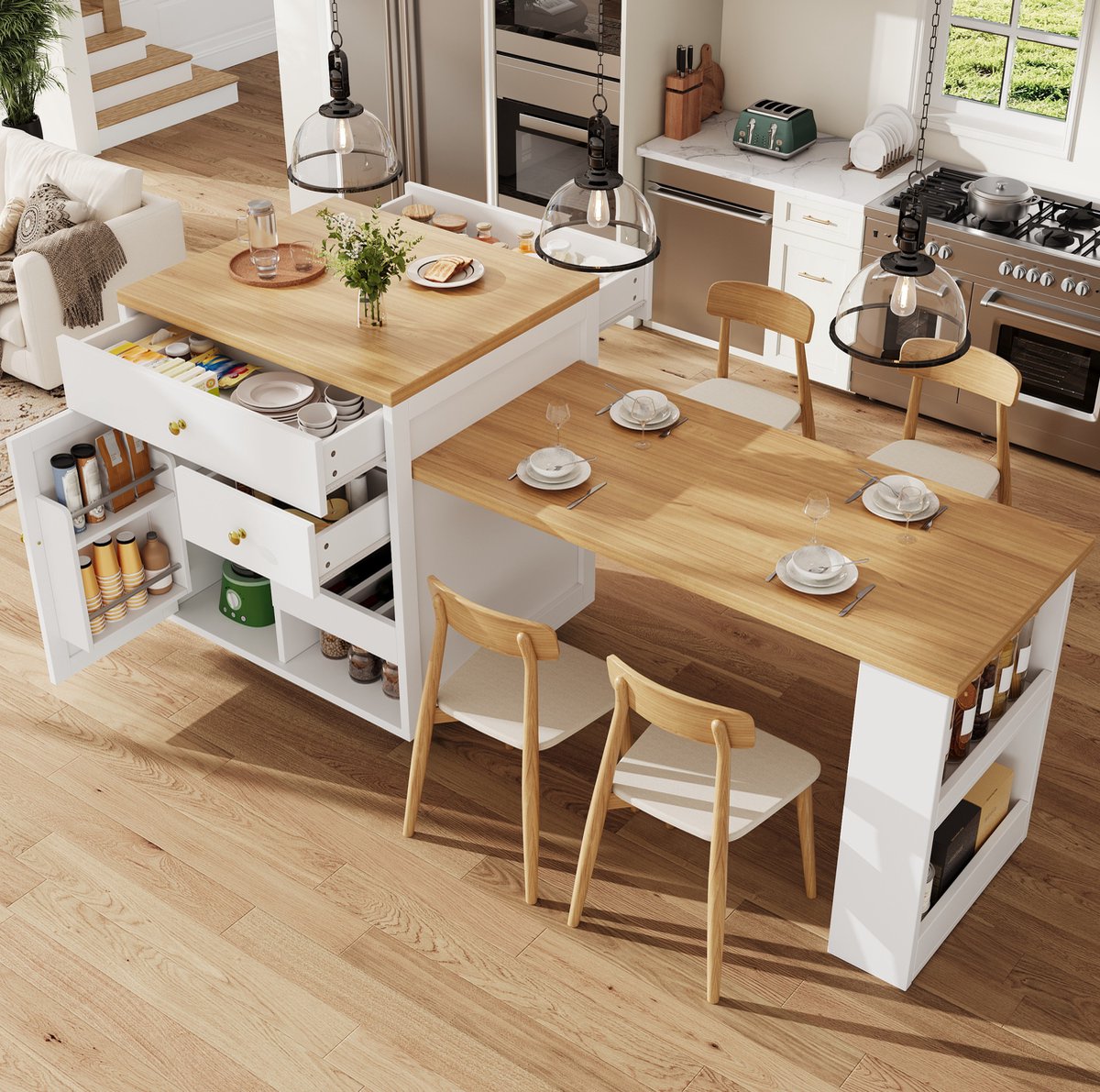 COVREO Keukenkast 122,5-195,5 cm wit, MDF met uitschuifbare tafelplaat
