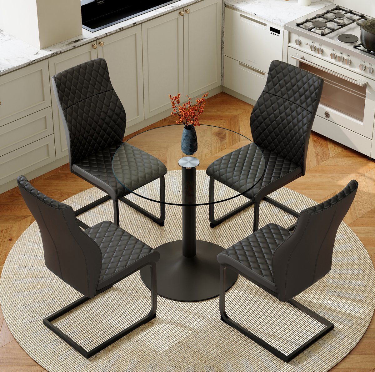 DESMIU Tafel En Stoelen Set 85 Cm - Ronde Glazen Tafel Met 4 Stoelen - Voor Eethoek En Open Keuken - Metaal En PU-Leder - Zwart