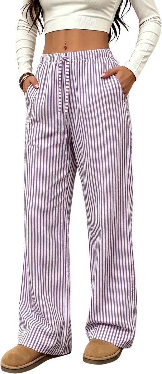 Currero Gestreepte Broek Dames and Striped Pants Yacht Club Linnen Broek Zomerbroek Volwassenen Lange Broek Strandbroek Paars