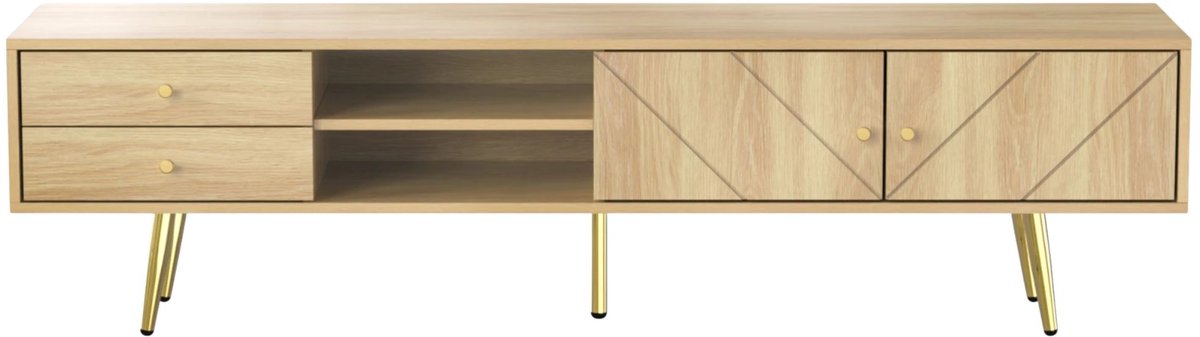 TV Meubel 160 cm Goud – Modern TV Dressoir met 2 Lades en 2 Deuren en Opbergruimte