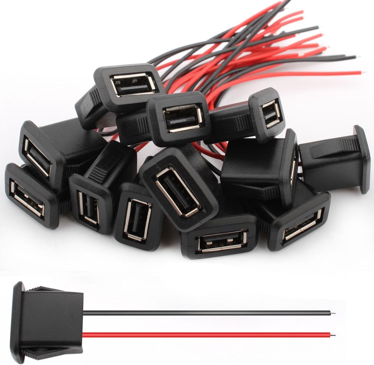 USB A bussen 12 stuks met klikgroefgesp, 3A 2-polige stekker, 2-draads inbouwbus, 22 AWG vrouwelijke kabel, paneelmontage.