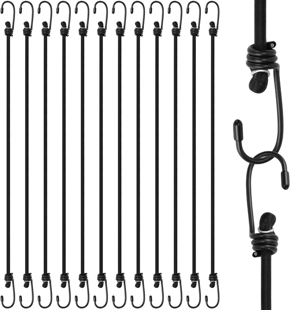 SnelShoppen - 12 Stuks 60cm Robuuste Bungee Koorden met Haken, Multifunctionele Elastische Touwen voor Bagage, Camping, Fietsen, Wandelen, Klussen