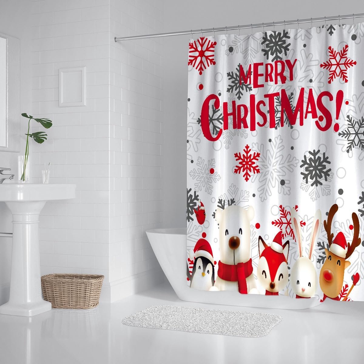 SnelShoppen - Kerst Douchegordijn Schimmelbestendig Badkamer Gordijnen Waterdicht 100% Polyester met 12 Haakjes (Wit, 180x200cm)