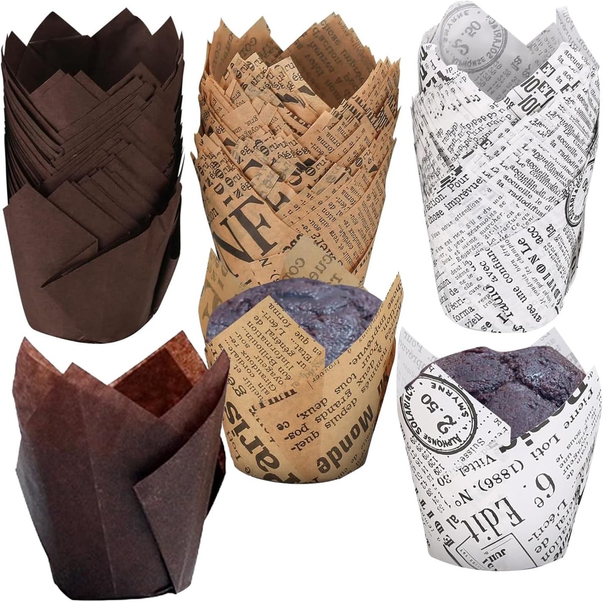 SnelShoppen - Muffinvormpjes Papier, 150 Stuks Tulip Muffin Cases, Cupcake Mallen, Papieren Bakvormen, Feest, Bruiloft, Verjaardag, Kleur: Assortiment