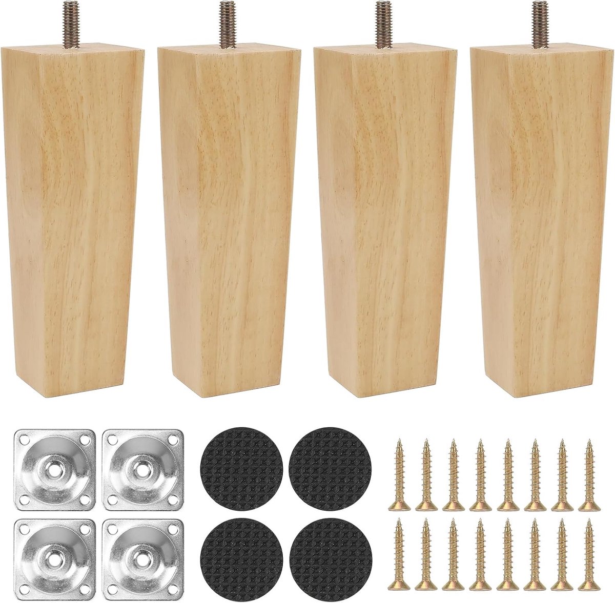SnelShoppen - 4 Stuks Houten Meubelpoten 15 cm Vierkante Houten Poten voor Kast, Bank, Bed, Tafel met Bevestigingsplaat, Antislip Pads en Schroeven