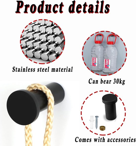 Stainless Steel Bathrobe Hooks 6 Pieces Round Wall Hooks Matte Black Hooks for Bathroom Wall Hooks Clothes Hooks with - ShopVlot — afbeelding 2