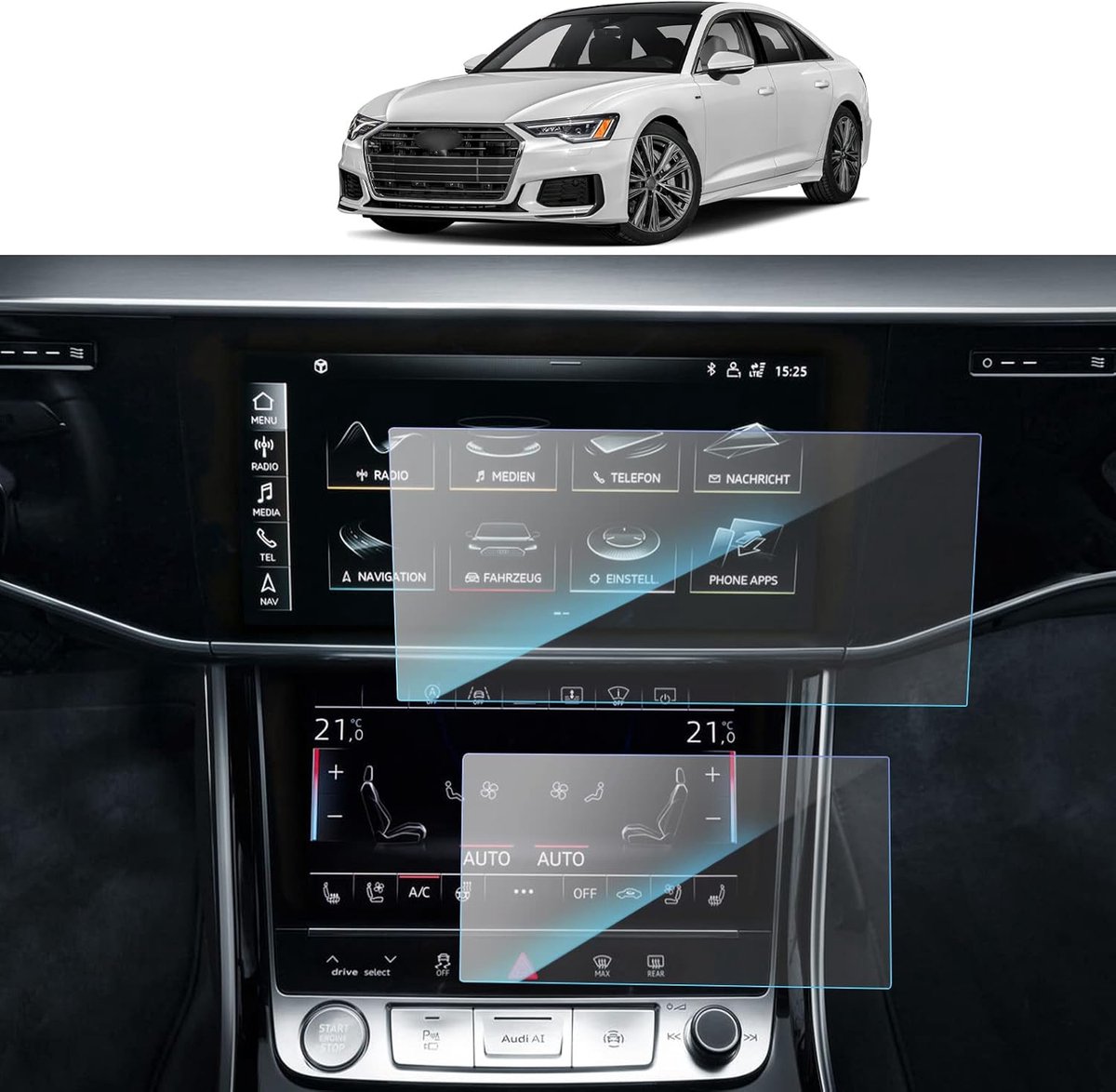 SnelShoppen - Screen Protector Audi A6 A7 C8 2019-2024 Tempered Glass GPS MMI 10.1 Inch + Klimaat 8.6 Inch, Krasbestendig en Responsief