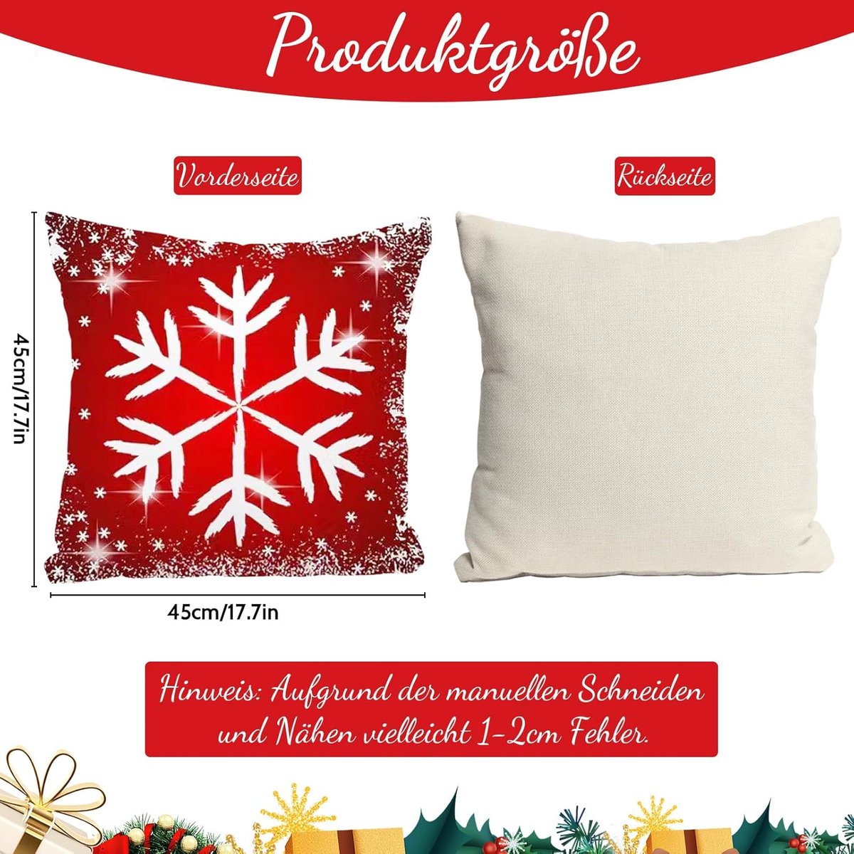 SnelShoppen - Kerst Kussenhoes, Decoratieve Kussenhoezen, 4 Stuks, 45 x 45 cm, Rood, Feestelijke Kerstdecoratie voor Woonkamer en Slaapkamer