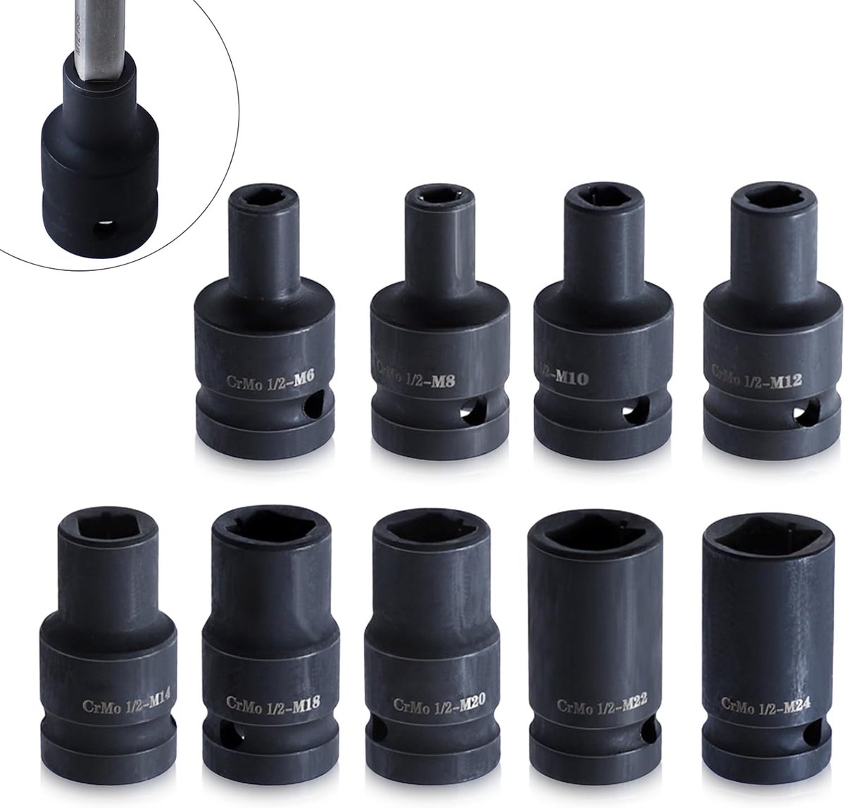 SnelShoppen - 9-delige Tap Socket Set, 1/2 Inch Aandrijving Vierkant Steeksleutel Set voor Elektrisch, Pneumatisch en Handgereedschap, Cr Molybdeen St
