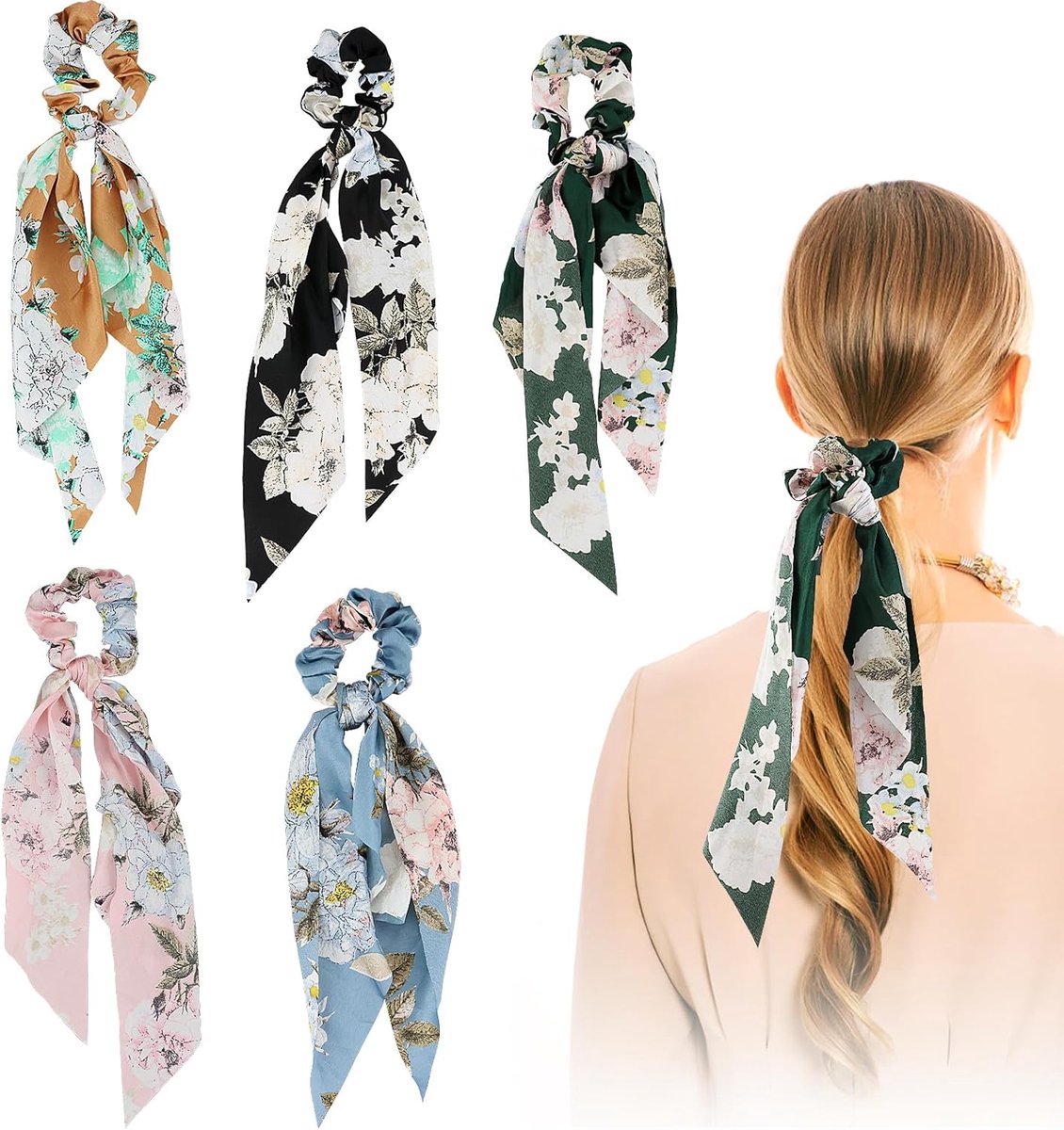 Haarscrunchies 5 stuks - Satijn - Vintage bloemenpatroon - Perfect voor een stijlvolle paardenstaart - SnelShoppen