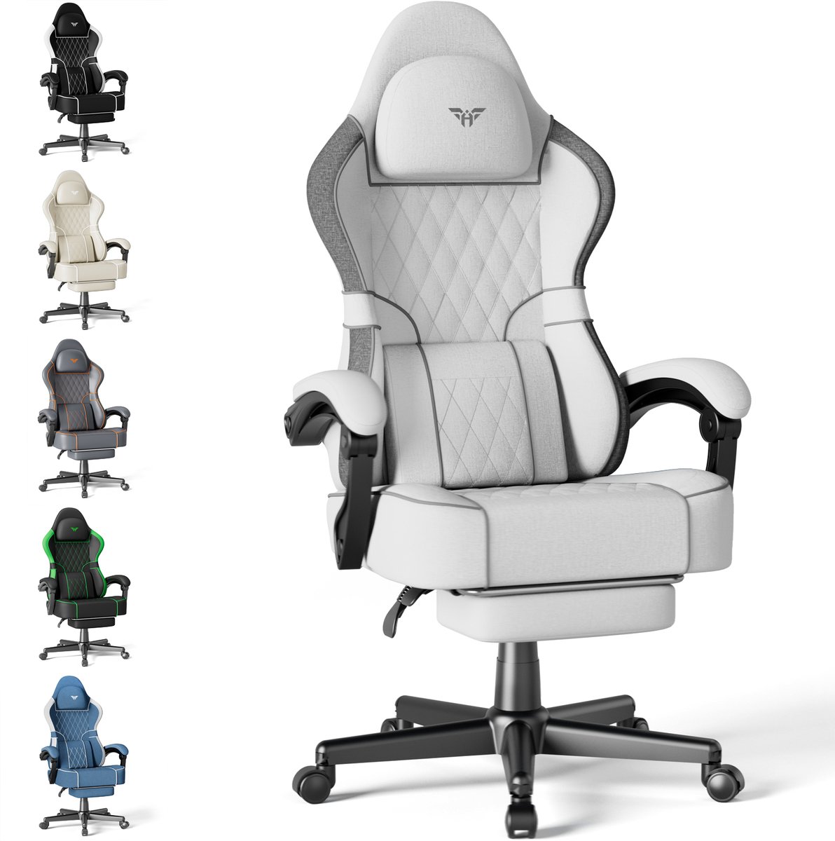 Arvioo CK-HD560 Gaming Stoel - Voetensteun - Massage Lendenkussen - Katoen-Linnen Wit