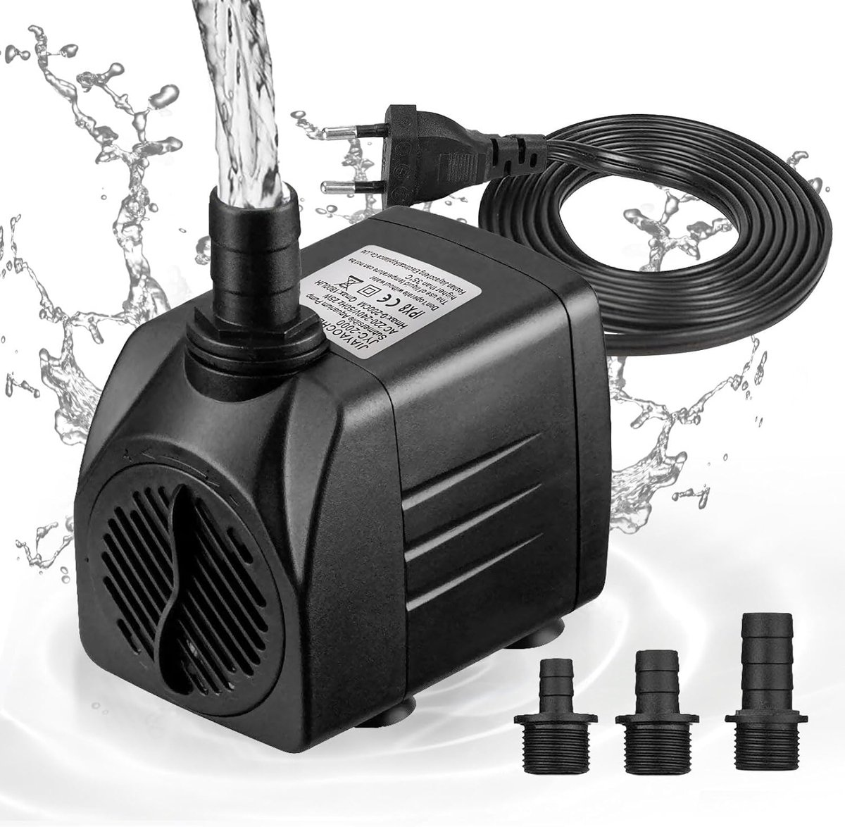 SnelShoppen - Mini waterpomp (1800 l/u, 25 W) vijverpomp/fonteinpomp, aquarium pomp, maximale spuithoogte 1,90 m, zuignappen, 1,8 m stekkerkabel, 3 sp