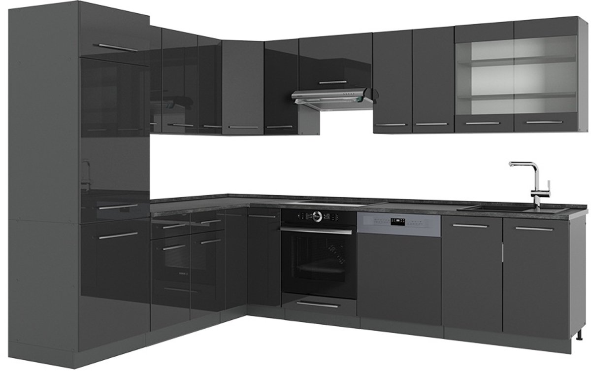 Vicco Hoekkeuken Fame-Line, Antraciet Hoogglans/Antraciet, 287 x 227 cm zonder werkblad