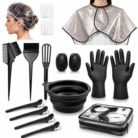 Overzicht van haarverfbenodigdheden: kapjes, omslagdoek, borstels, clips, bak, handschoenen en tas.