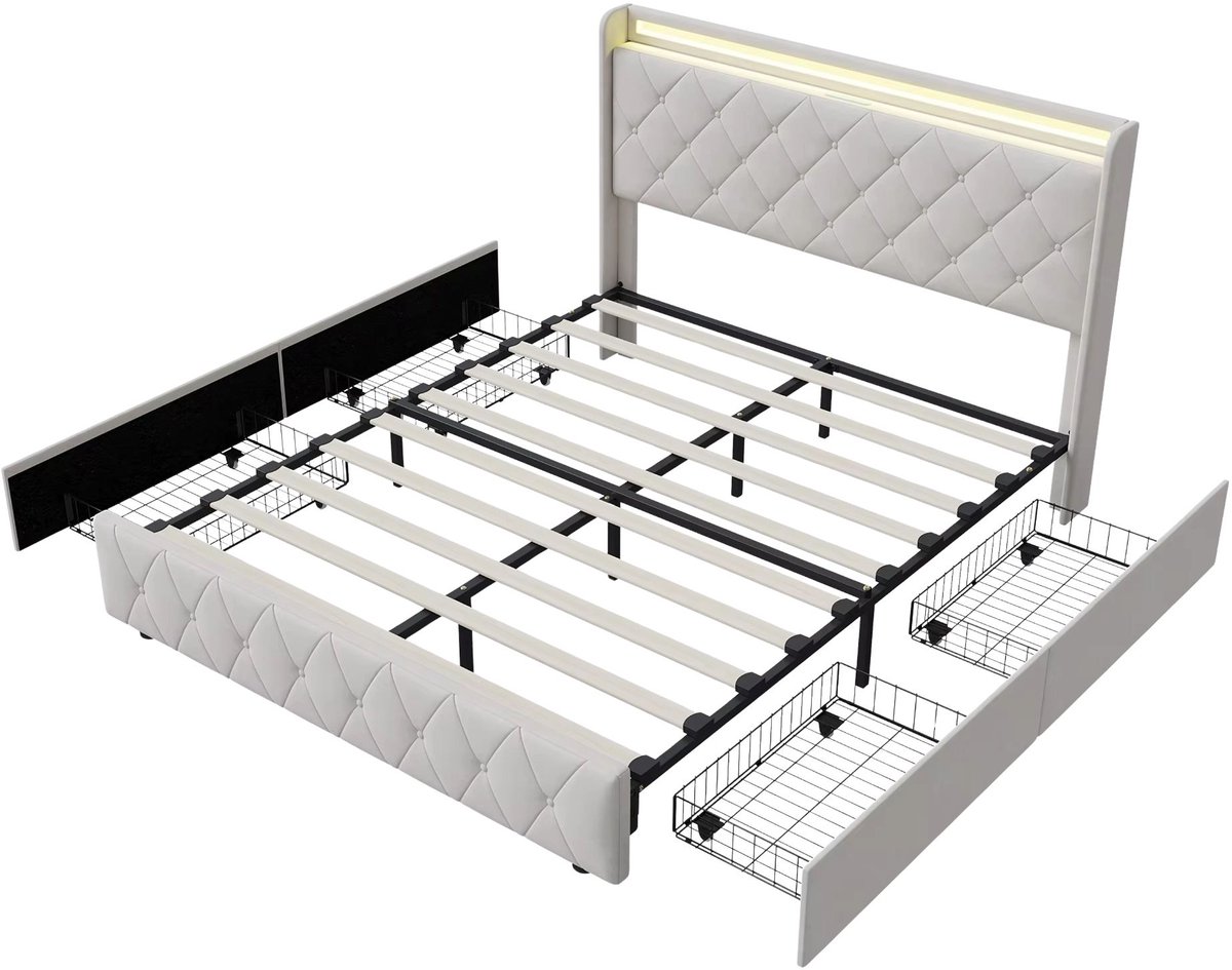 Gestoffeerd Tweepersoonsbed - 140 x 200 Cm - Oplaadpoort en 4 - Modern Design met LED