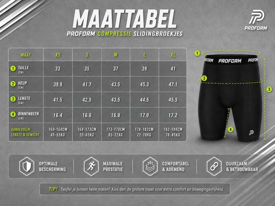 Maattabel met zwart compressie slidingbroekje, maten, afmetingen en kenmerken in het Nederlands.