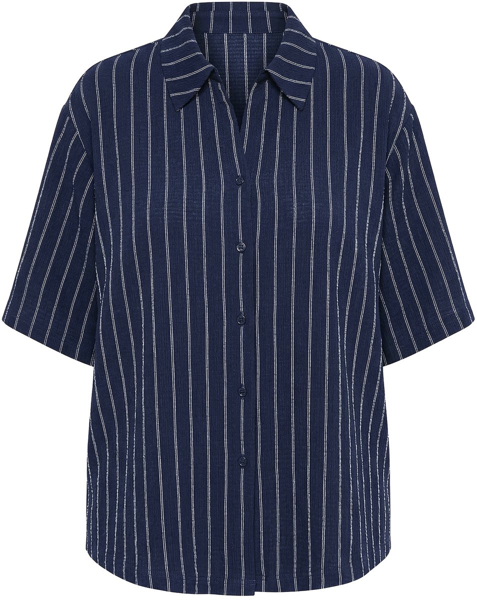 Ulla Popken - Dames - Jersey blouse strepen overhemdkraag korte mouwen - Marine - Maat 58+