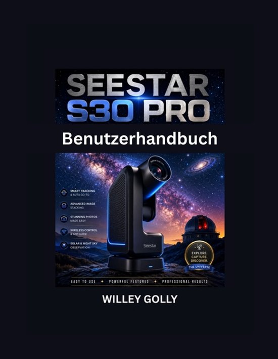 Seestar S30 Pro gebruikershandleiding met een zwarte telescoop op een sterrenhemel.