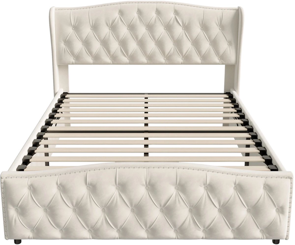 Opbergbed 160 X 200 Cm Beige - met Fluwelen Bekleding - voor Slaapkamer