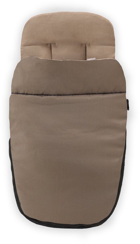 Bruine en zwarte Deryan voetenzak met beige voering, liggend op een witte achtergrond.