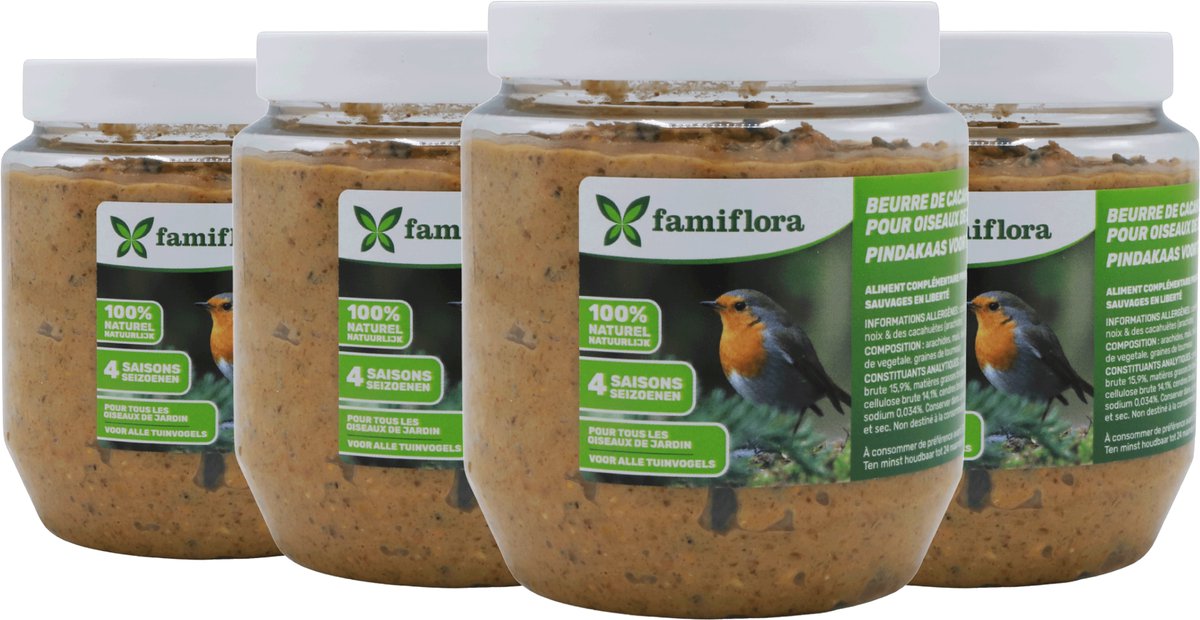 Famiflora pindakaas voor tuinvogels met zonnebloempitten - 4 x 350 gr - Vogelpindakaas - Met zonnebloempitten voor extra aantrekkingskracht en voedingswaarde