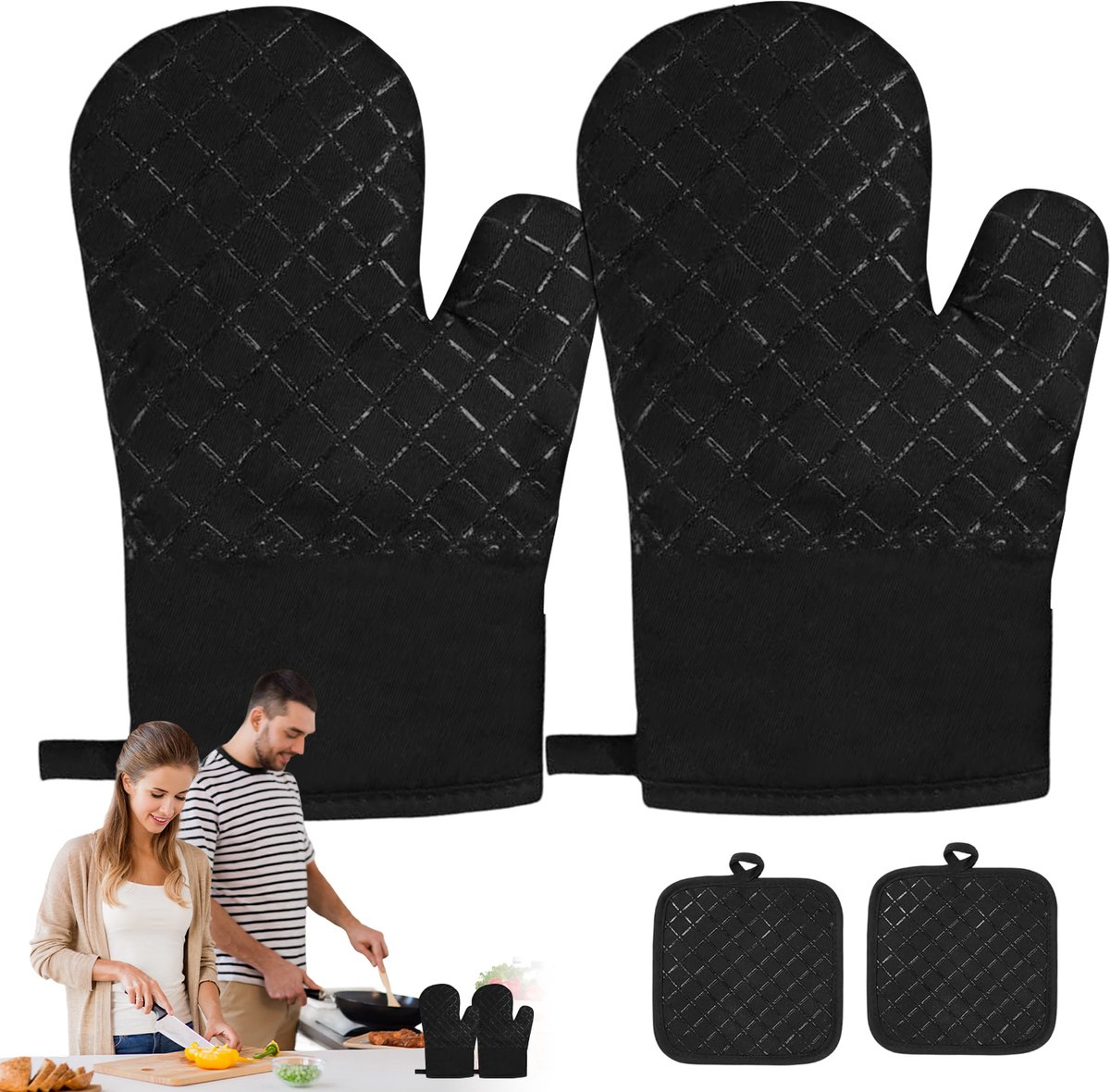 Siliconen Ovenwanten - Hittebestendige Handschoenen - Antislip - 2 Stuks - 250°C - Katoenen Voering - BBQ Accesoires - met 2 Onderzetters - Ovenhandschoenen - Voor Bakken en Grillen