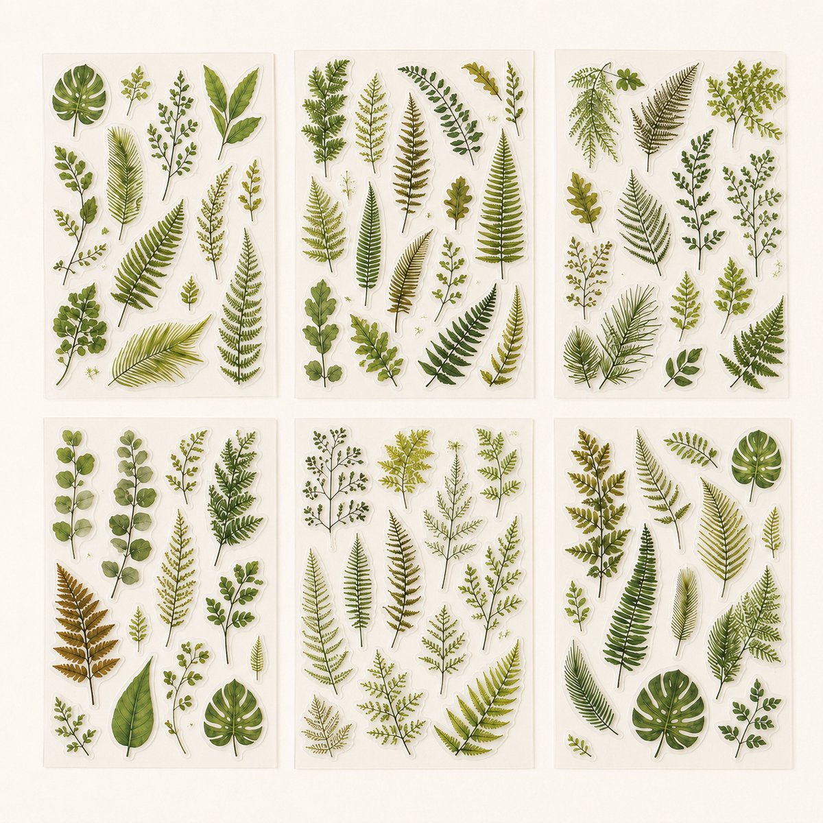 Bladeren stickers - 6 vellen varen en groen - Journaling