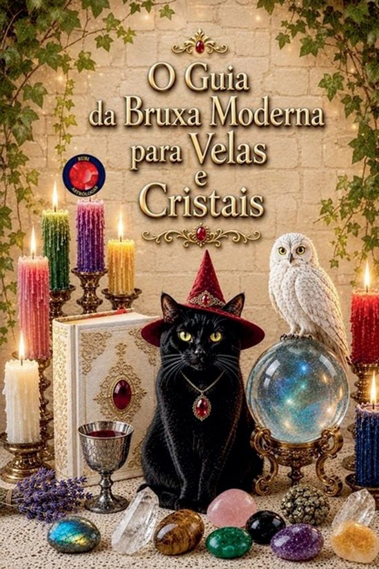 Livre : O Guia da Bruxa Moderna para Velas e Cristais. Un chat noir avec un chapeau de sorcière, un hibou, une boule de cristal, des bougies et des gemmes.