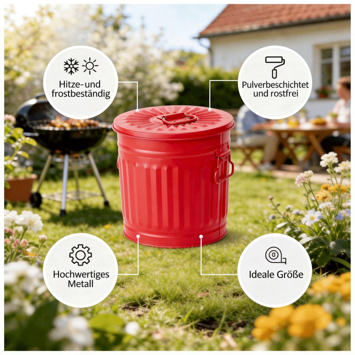SnelShoppen - Gegalvaniseerde Metalen Vuilnisbak met Handvaten en Deksel - Rood - Ø 21,5 cm - Hoogte 21,5 cm - Inhoud 7 liter - Perfect voor Keuken, T