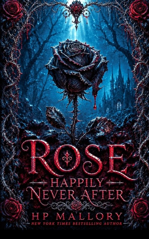 Couverture de livre : une rose noire épineuse devant un château bleu, entourée de roses rouges et du titre Rose Happily Never After.