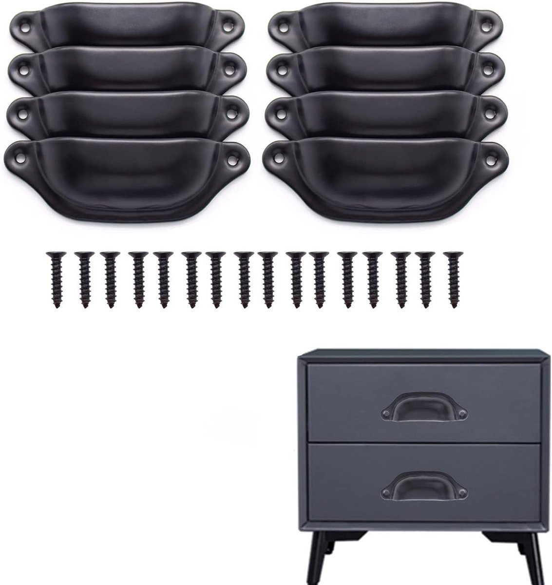 SnelShoppen - 8 Stuks Zwarte IJzeren Halve Maan Schelp Handgrepen met Installatiekit, Cupped Handgrepen voor Lades, Kasten, Make-up Kasten