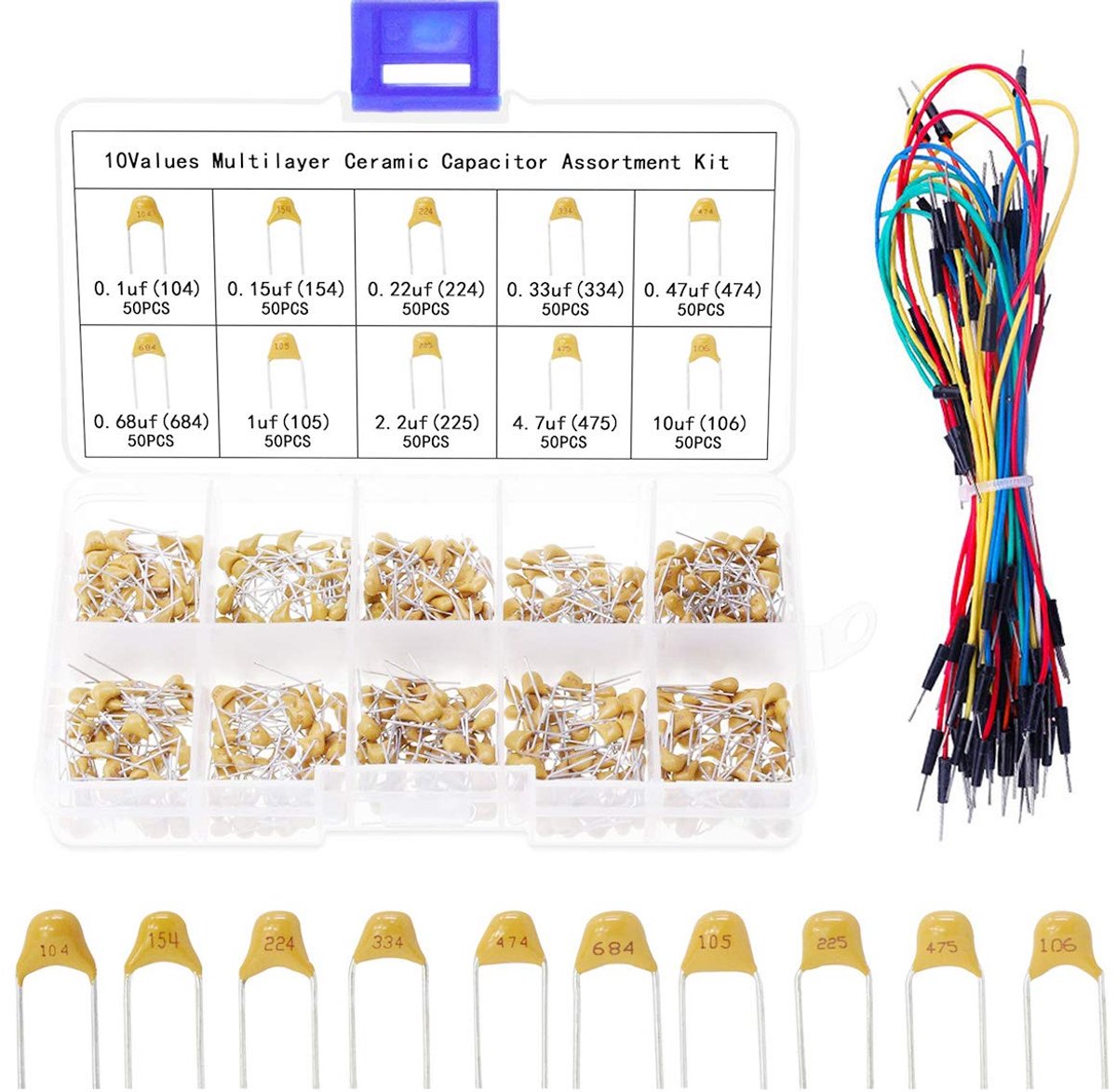 500PCS Multilayer Ceramic Capacitors Assortment Kit 10 Values 0.1uF-10uF For Electronic DIY With Jump Wire - ShopVlot