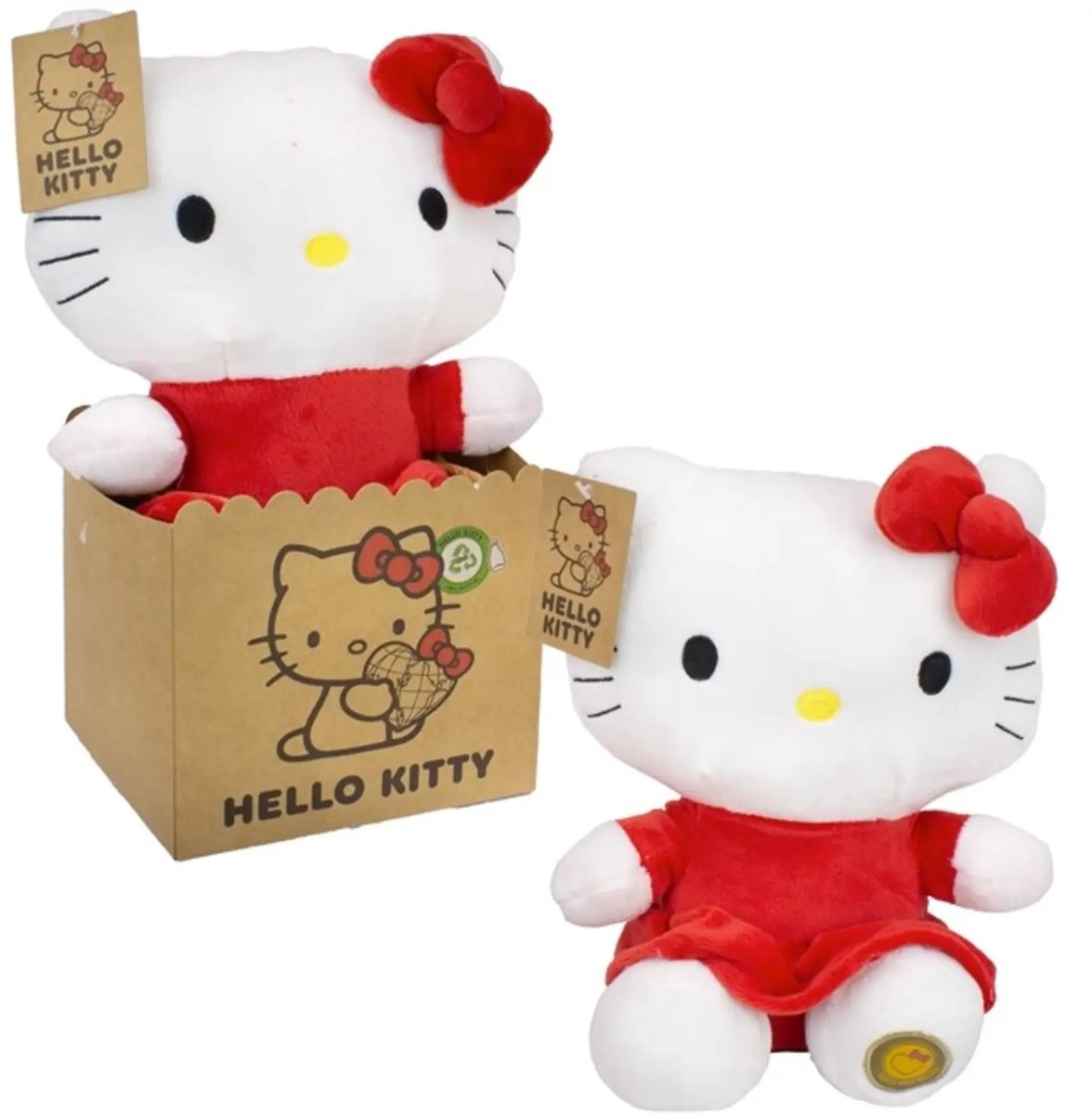 Hello Kitty knuffel met rood strikje 27 cm - In papieren cadeauverpakking - Fan Merchandise