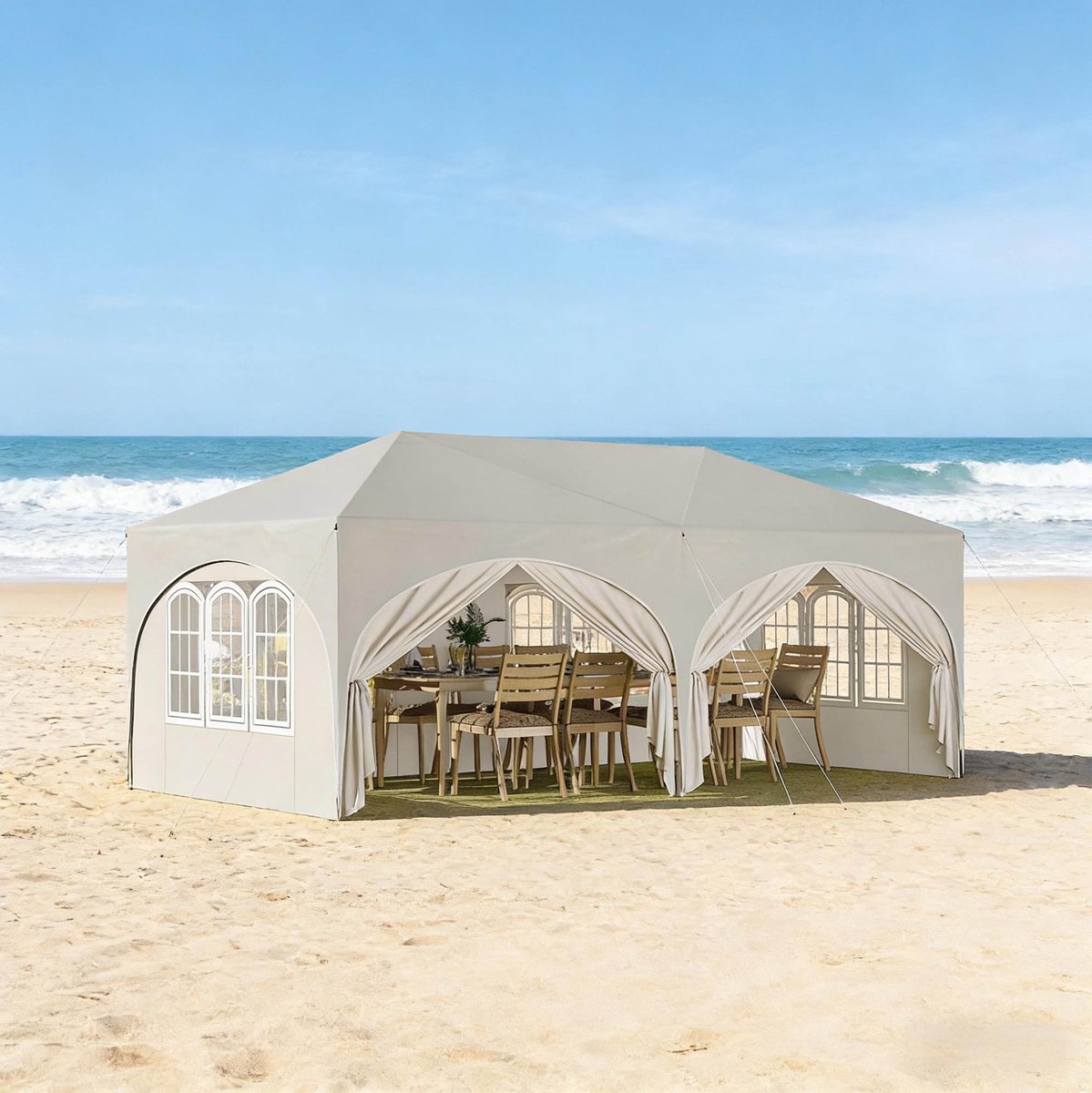 MODENUIT Partytent – 3 x 6 m – Inklapbaar – Metaal en Oxford-stof – Beige – Met 6 Afneembare Zijwanden