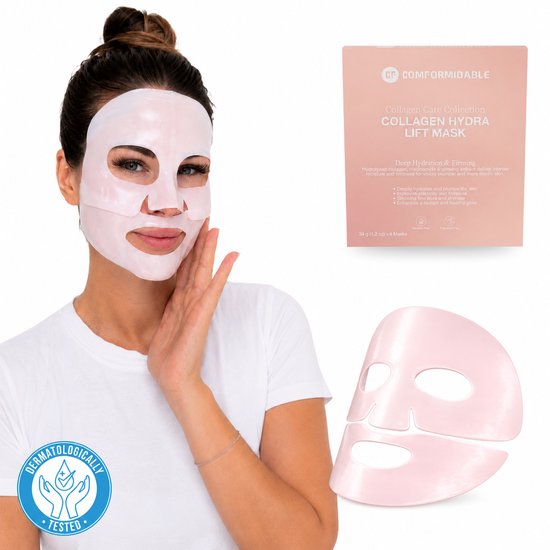 Collagen Hydra Lift Mask van Comformidable, een wit masker op het gezicht van een model, met de verpakking en het masker ernaast. Dermatologisch getest.