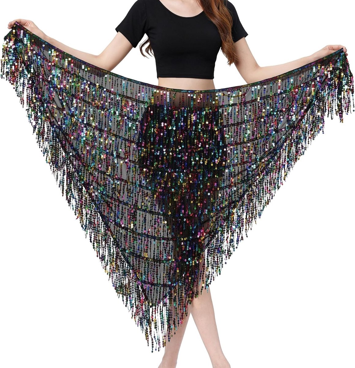 Hip Scarf voor Buikdans en Folkloristische Dans, Halloween Kostuum met Franje en Pailletten