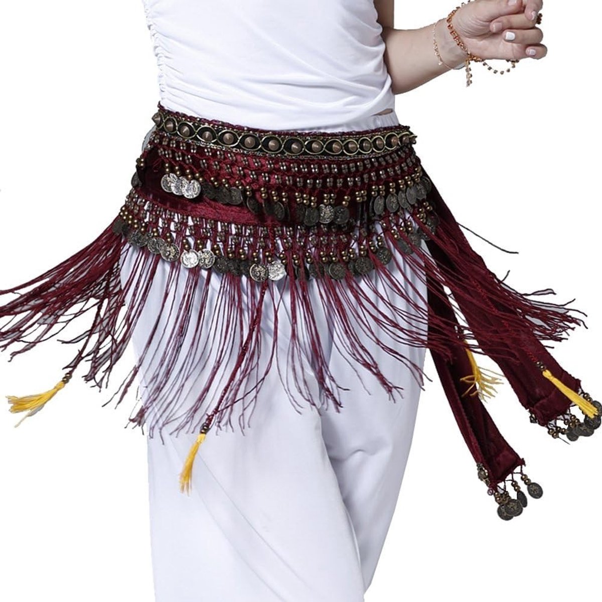 Zijdeachtige heupdoek met munten voor buikdans, buikdanskostuum voor vrouwen, fringes en rok