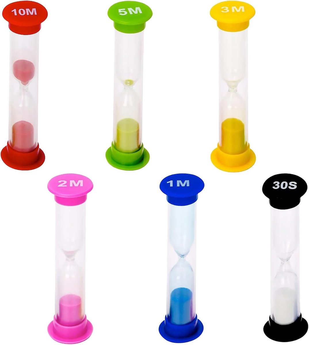 SnelShoppen - 6 Pcs Kids Sand Glasses - Kleurrijke Zandlopers 30 sec/1 min/2 min/3 min/5 min/10 min - Duurzaam Acryl en Glas - Perfect voor Kinderen,