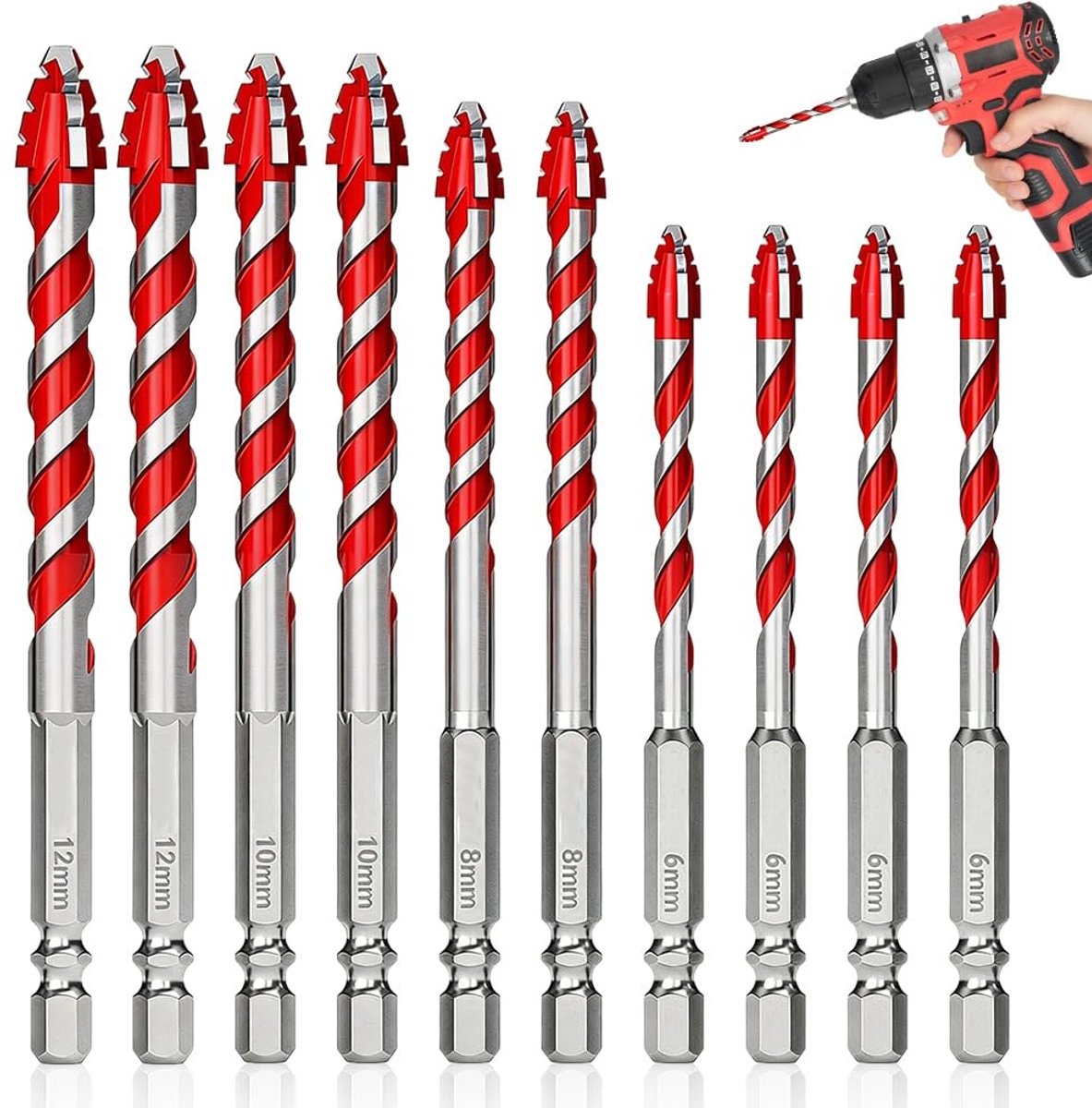 Omgoods - Set van 10 Eccentrische Boorbits voor Tegels en Glas, Tungsten Carbide