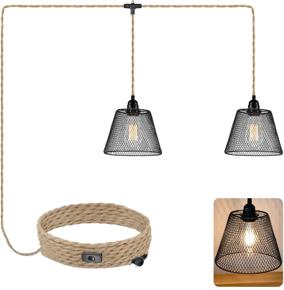 Omgoods- Hanglamp 2-vlammen met stekker - Henneptouw - Zwarte metalen kooi - Vintage look - 600 cm kabel - Inclusief lampenkappen - Lamp