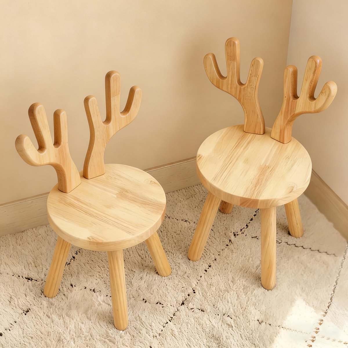 Omgoods - Kinderstoel van Hout - Massief Houten Kinderstoel met Konijnenoren, Voor Kinderen vanaf 3 Jaar