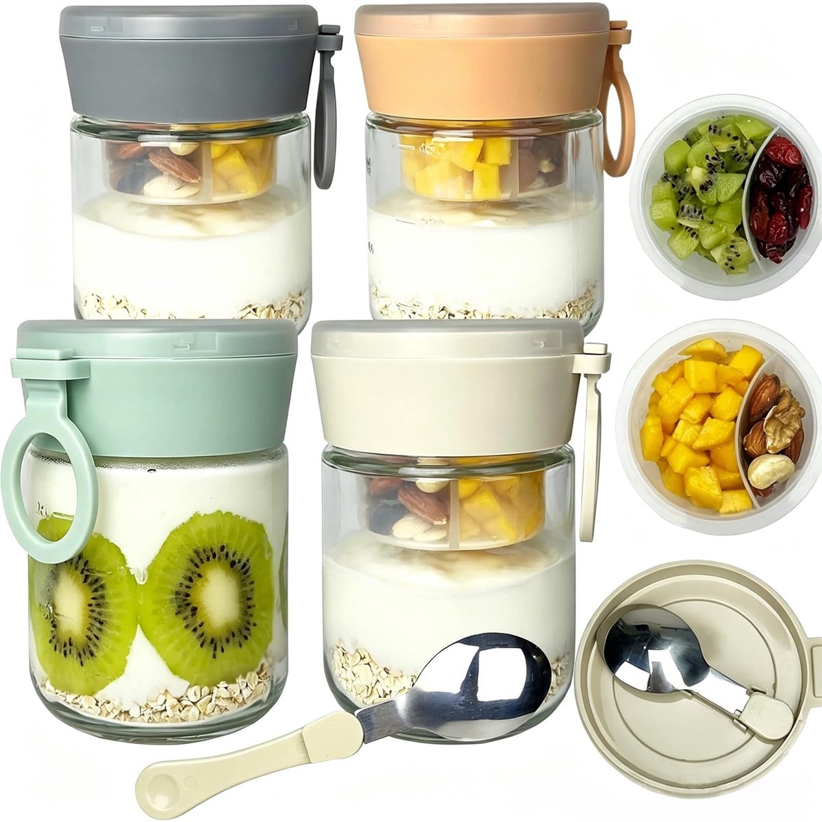 Omgoods - Set van 4 Multifunctionele Overnight Oats Glazen met Opvouwbare Lepel