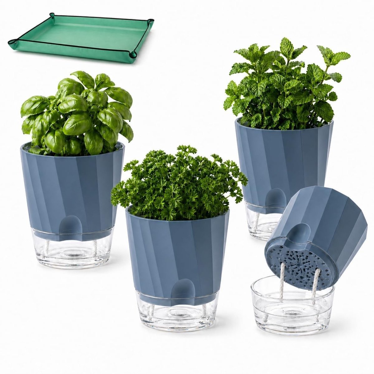 Omgoods- Bloempot Zelfbewaterend - 4-delige Set - Dubbelwandig PP-Kunststof - Voor Binnen/Balkon/Keuken - 15,3 cm - Hoogwaardige Kunststof - Kruidenpot