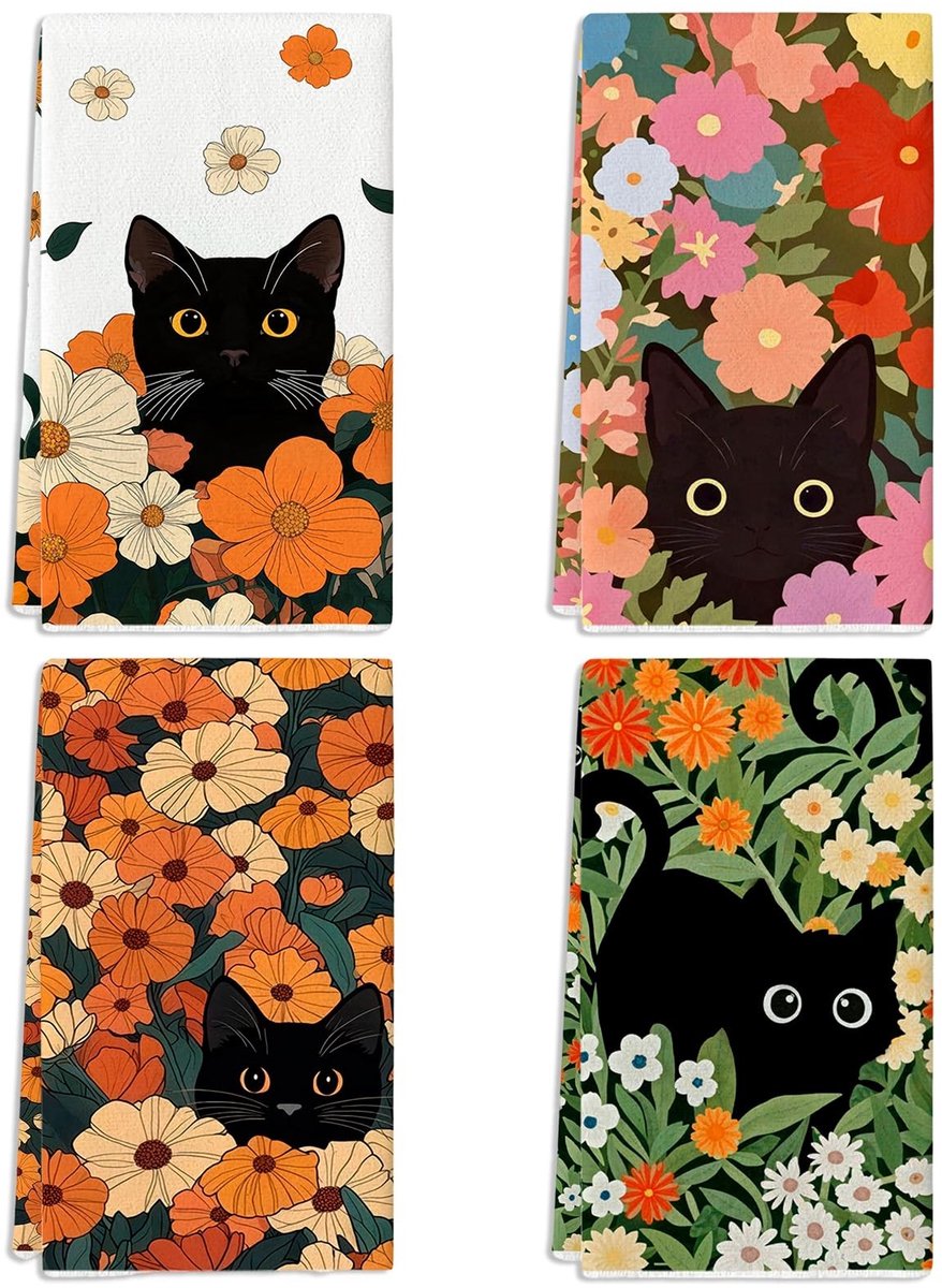 Omgoods - Cat Themed Keukenhanddoek - Schattige Kat met Bloemen