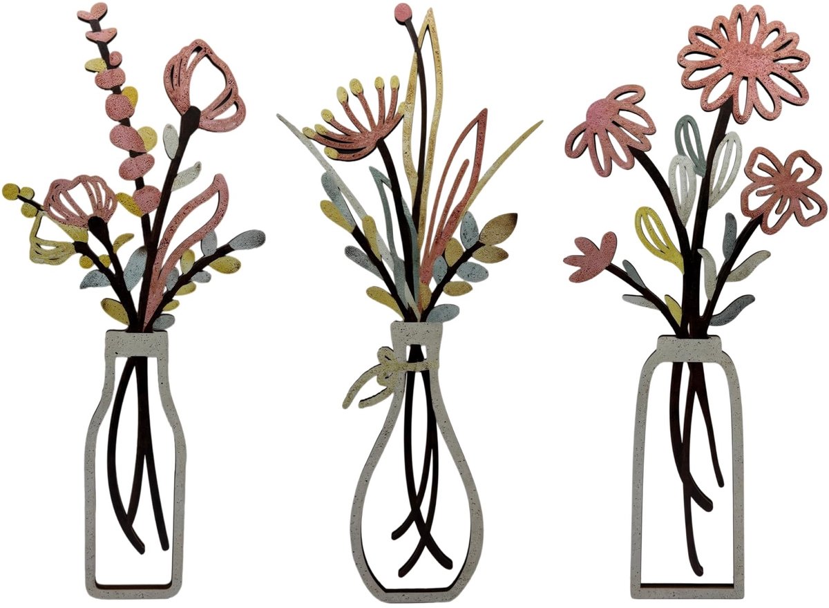 Omgoods - 3-Delige Houten Bloem Muur Kunst Set
