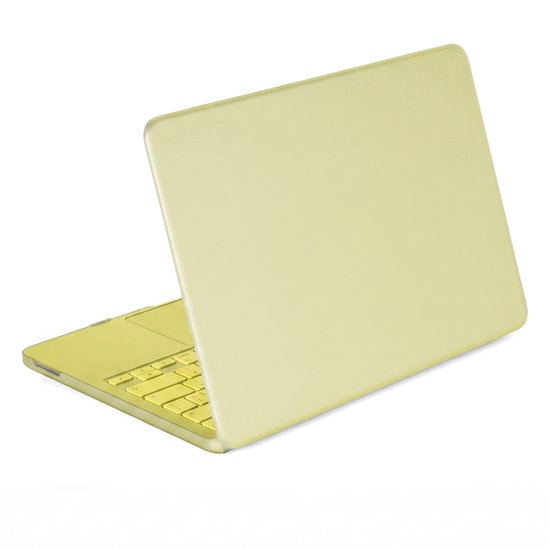 Coque d'ordinateur portable vert clair, fermée, avec une partie du clavier et du trackpad visible.