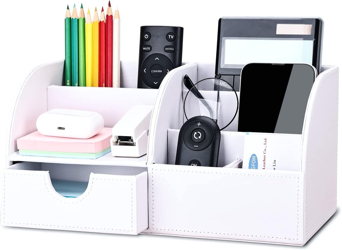 SnelShoppen - Desk Organizer - Pennenhouder - Kantoor Benodigdheden Caddy - 6 Compartimenten met Lade - Wit PU Lederen Opbergdoos - Stijlvol en Stevig